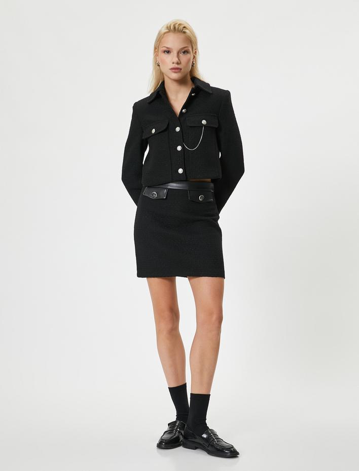  Mini Tüvit Etek Suni Deri Detaylı Yüksek Bel A Kesim