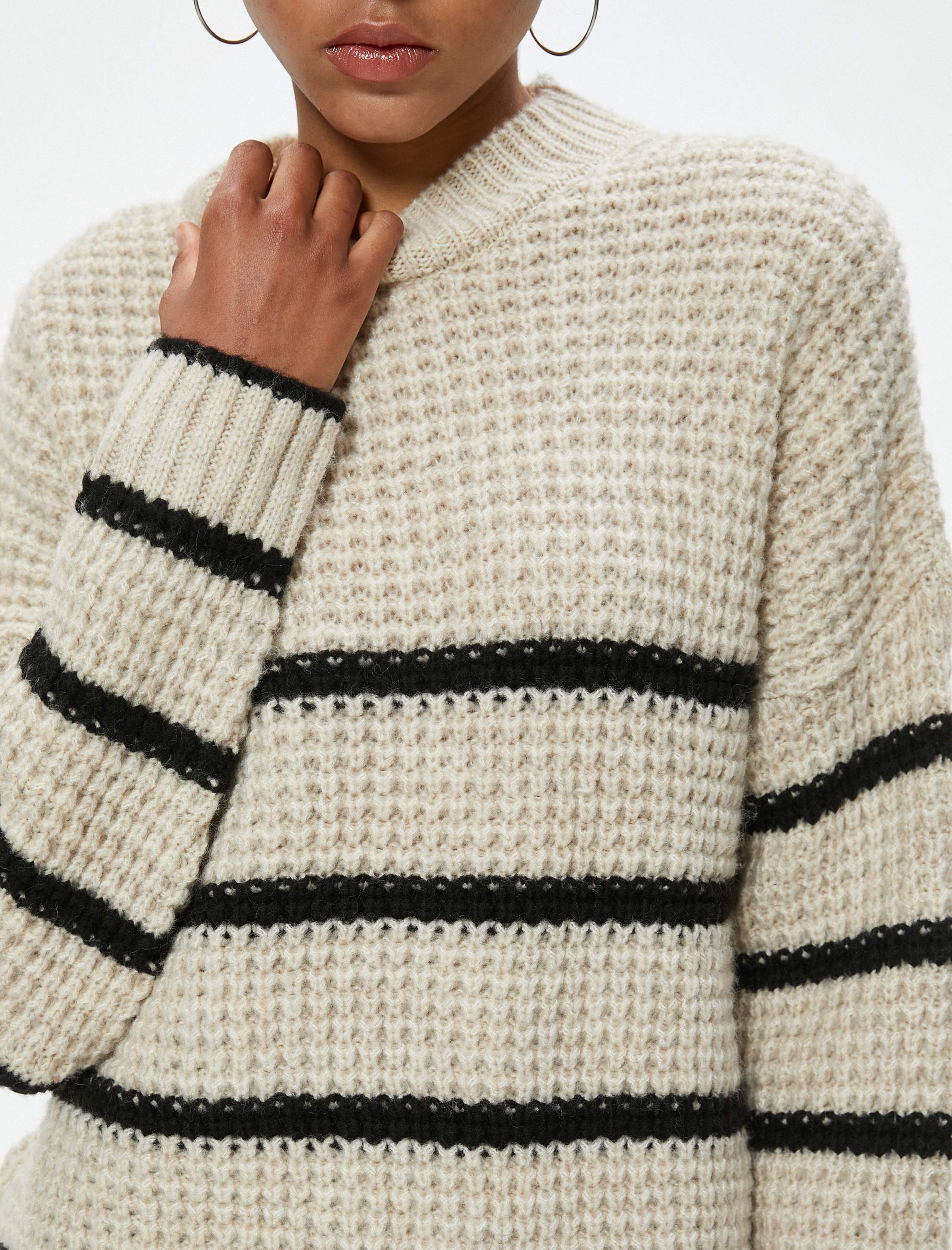   Bisiklet Yaka Triko Kazak Dokulu Şerit Desenli