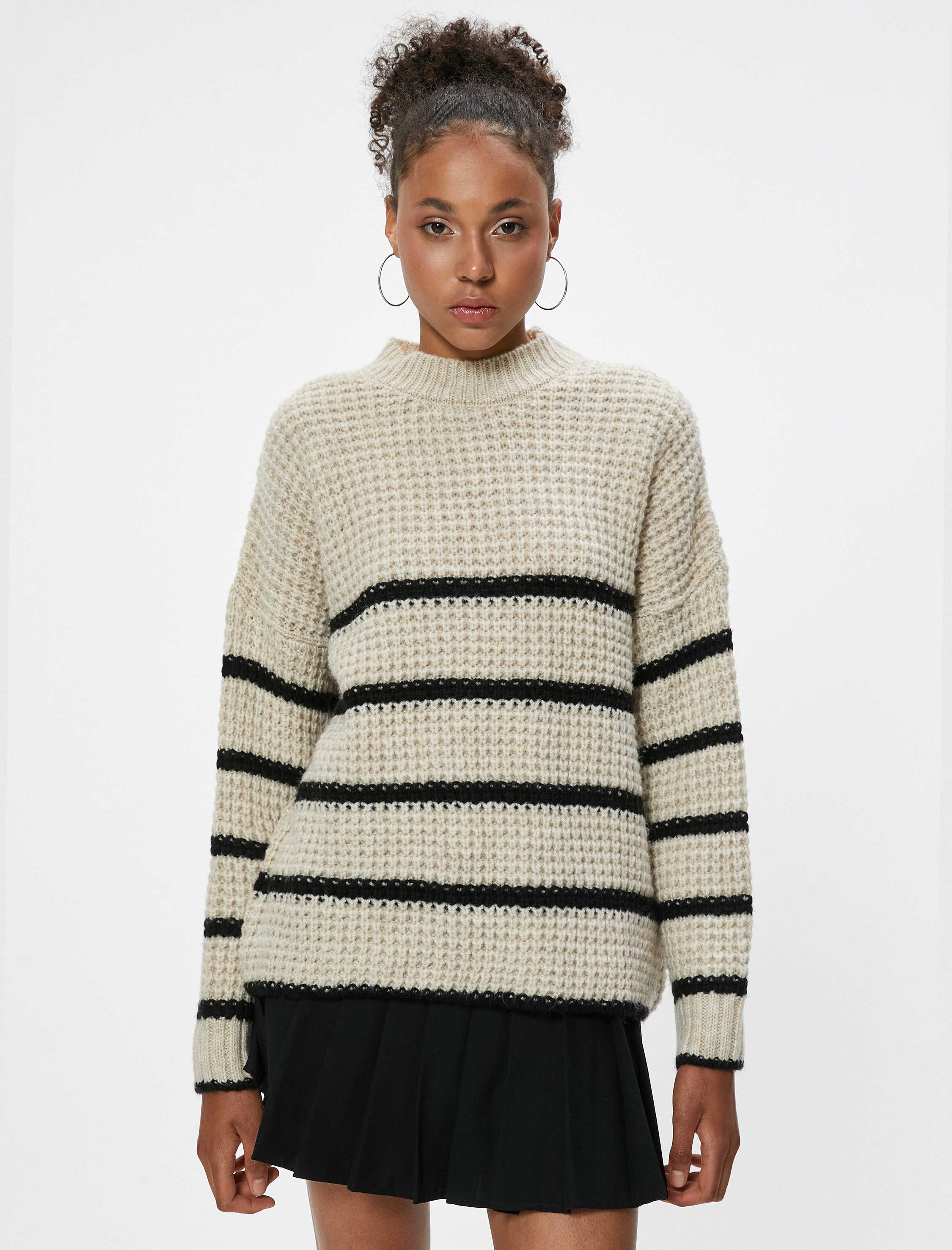   Bisiklet Yaka Triko Kazak Dokulu Şerit Desenli