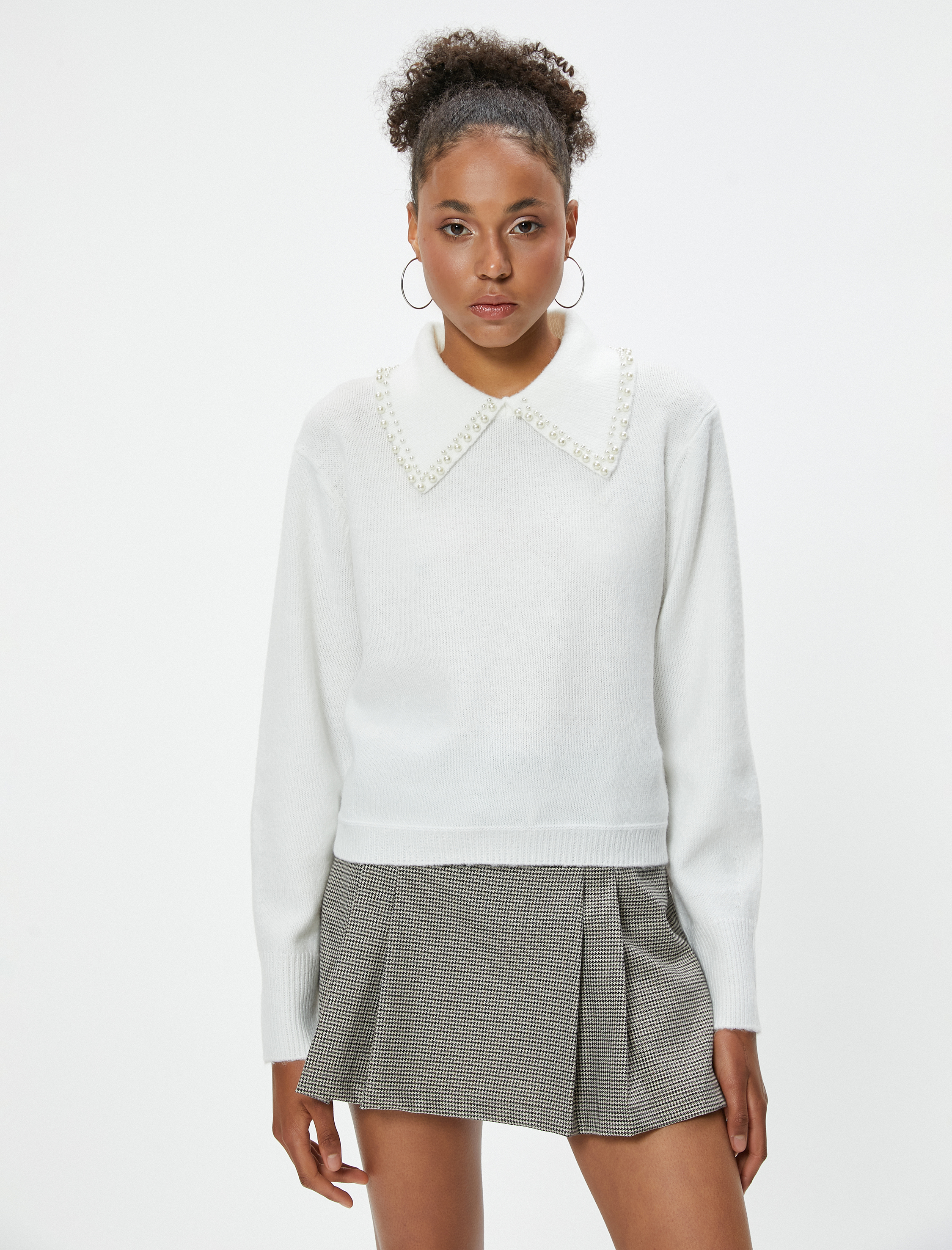   Gömlek Yaka Triko Kazak İnci Detaylı Uzun Kollu