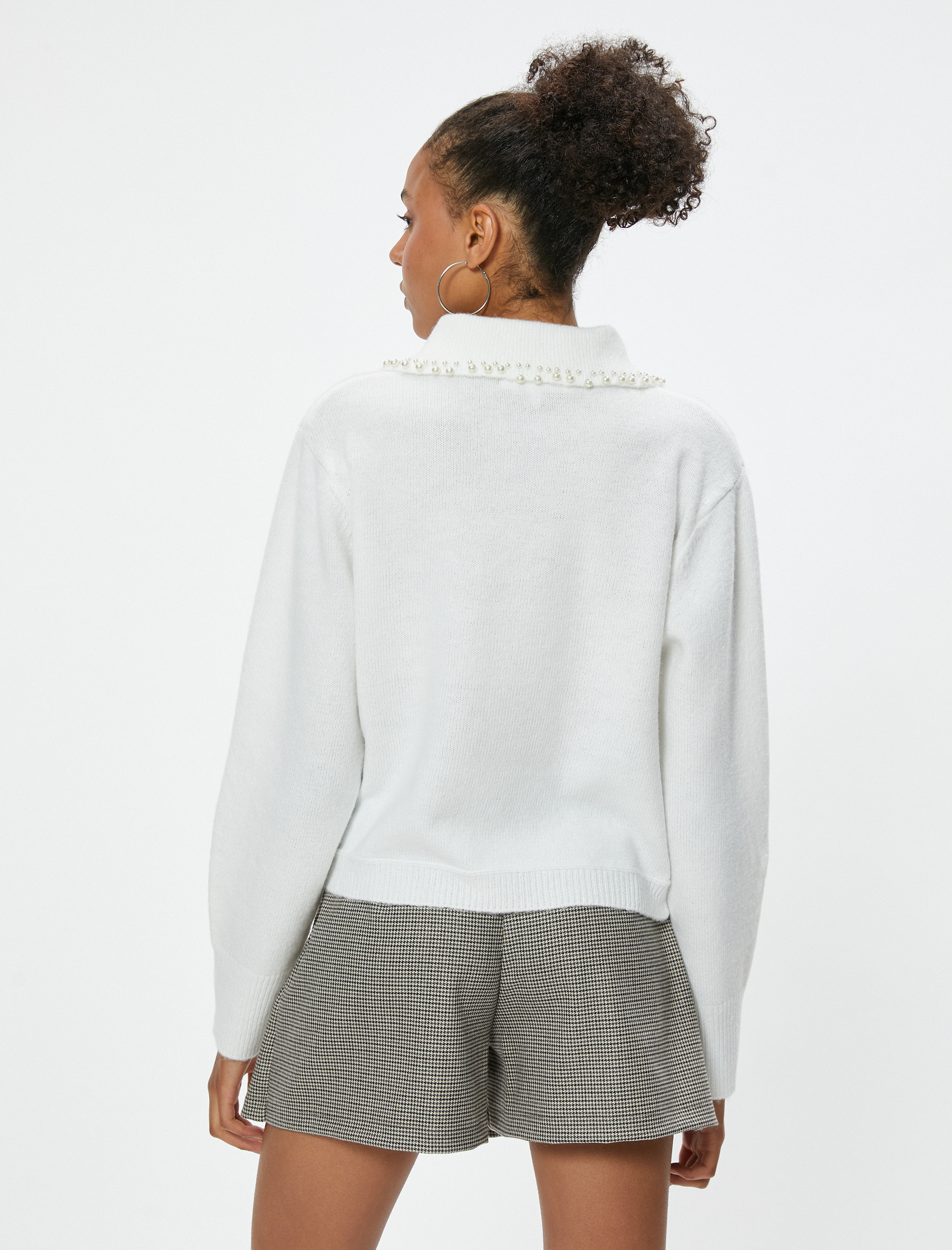   Gömlek Yaka Triko Kazak İnci Detaylı Uzun Kollu