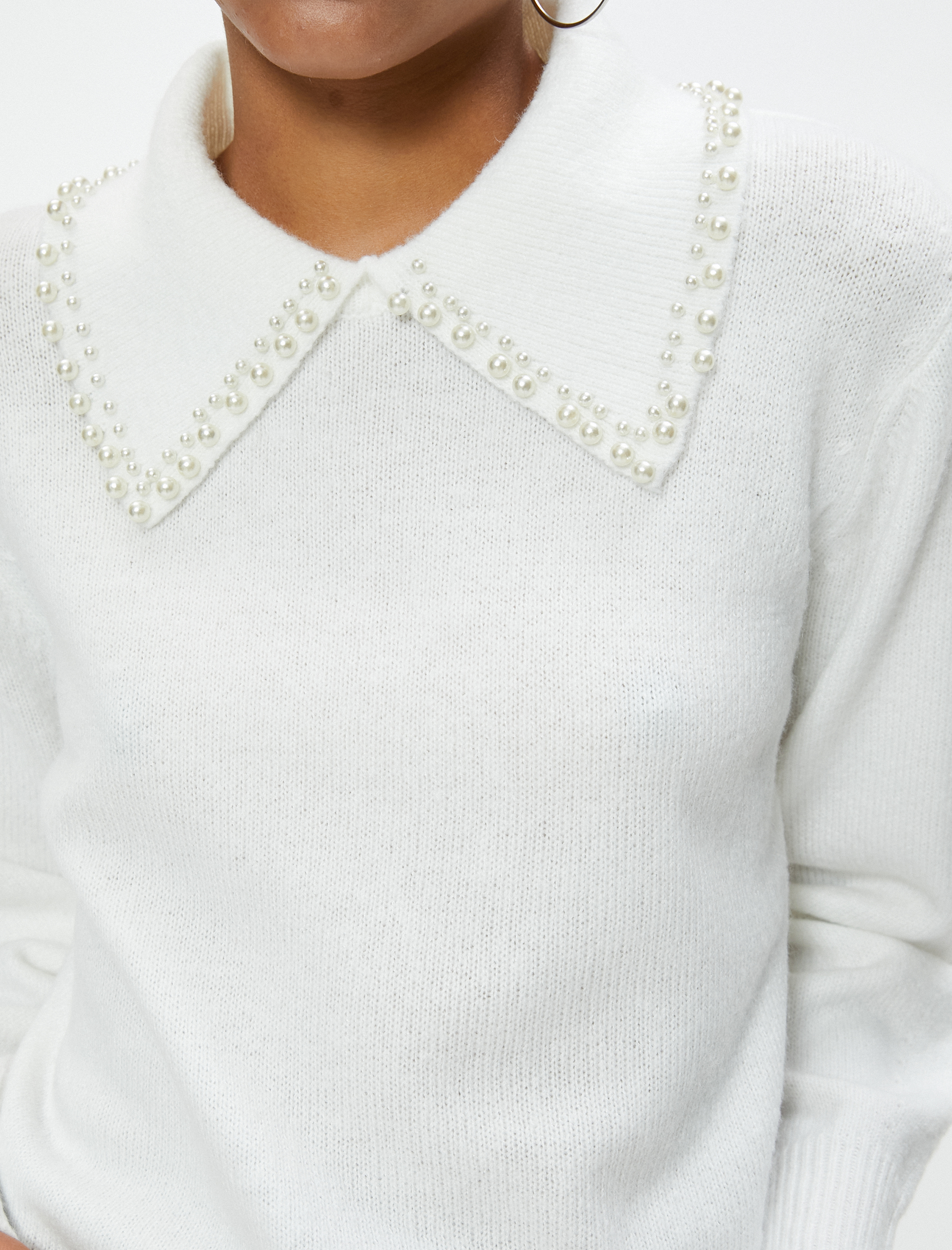   Gömlek Yaka Triko Kazak İnci Detaylı Uzun Kollu