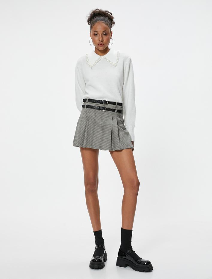  Gömlek Yaka Triko Kazak İnci Detaylı Uzun Kollu