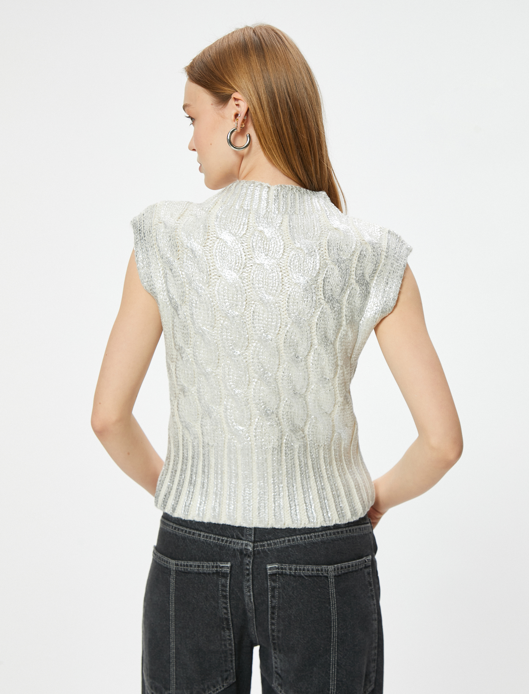   Kolsuz Süveter Dik Yaka Metalik Örgü Dokulu Slim Fit