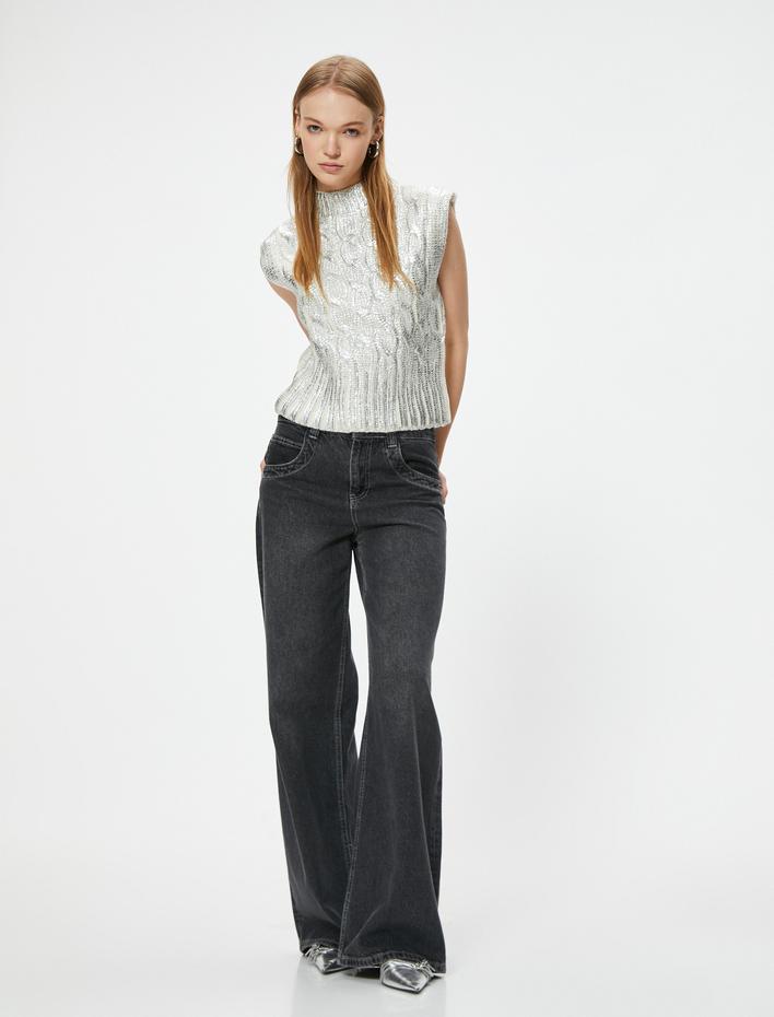  Kolsuz Süveter Dik Yaka Metalik Örgü Dokulu Slim Fit