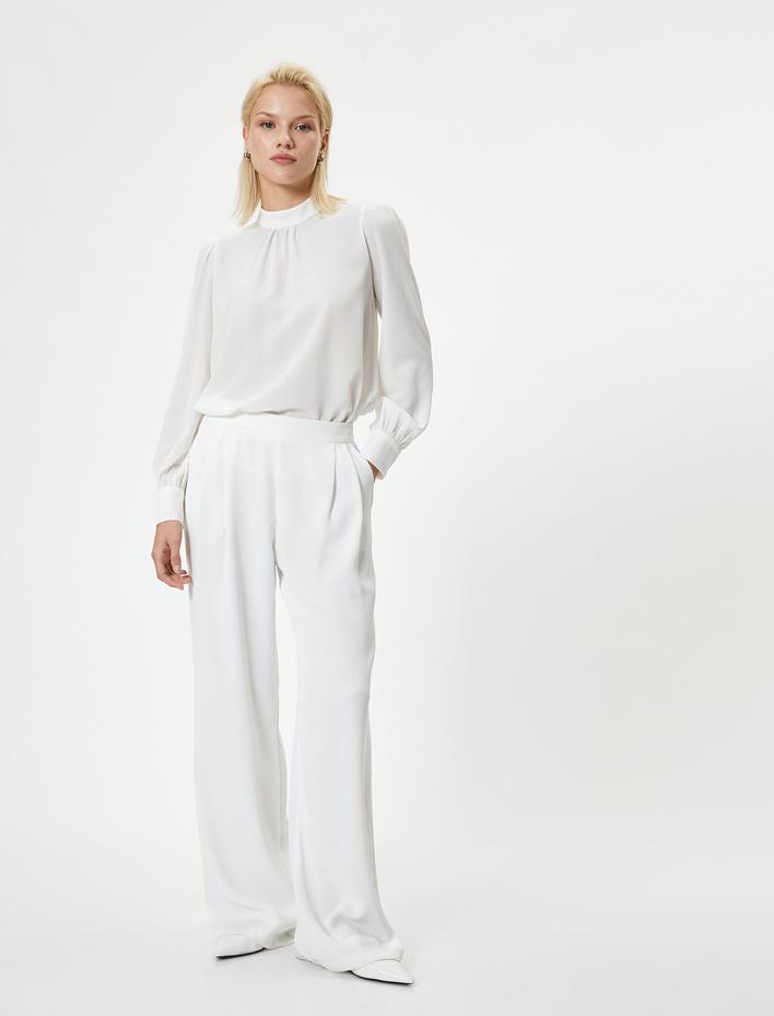  Şifon Bluz Manşetli Dik Yaka Uzun Kollu Drape Detaylı