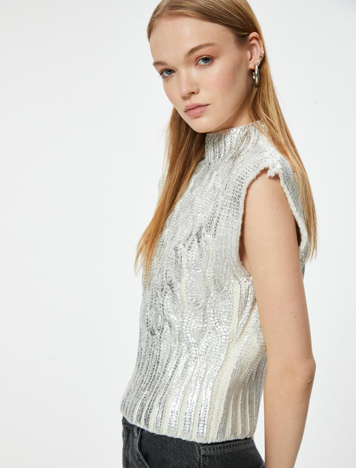  Kolsuz Süveter Dik Yaka Metalik Örgü Dokulu Slim Fit