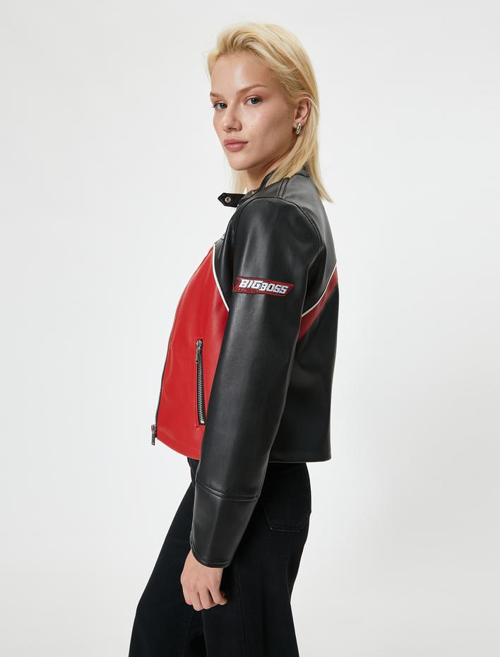  Suni Deri Ceket Renk Bloklu Fermuarlı Dik Yaka Cepli Aplike Detaylı