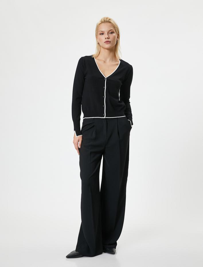  Triko Hırka V Yaka Düğmeli Renk Kontrastlı