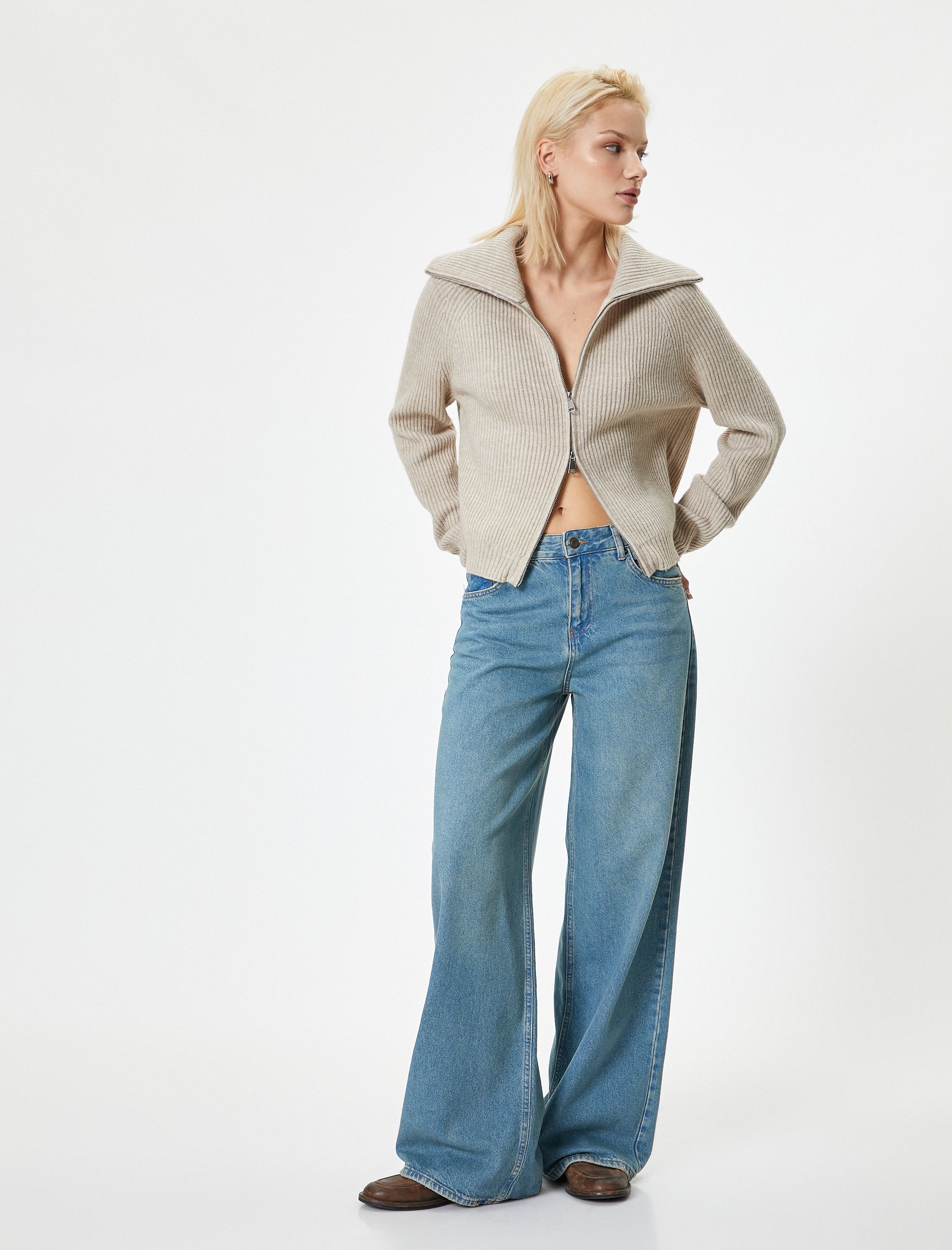 Triko Hırka Çift Taraflı Fermuarlı Dik Yaka Kaşkorse Fitilli