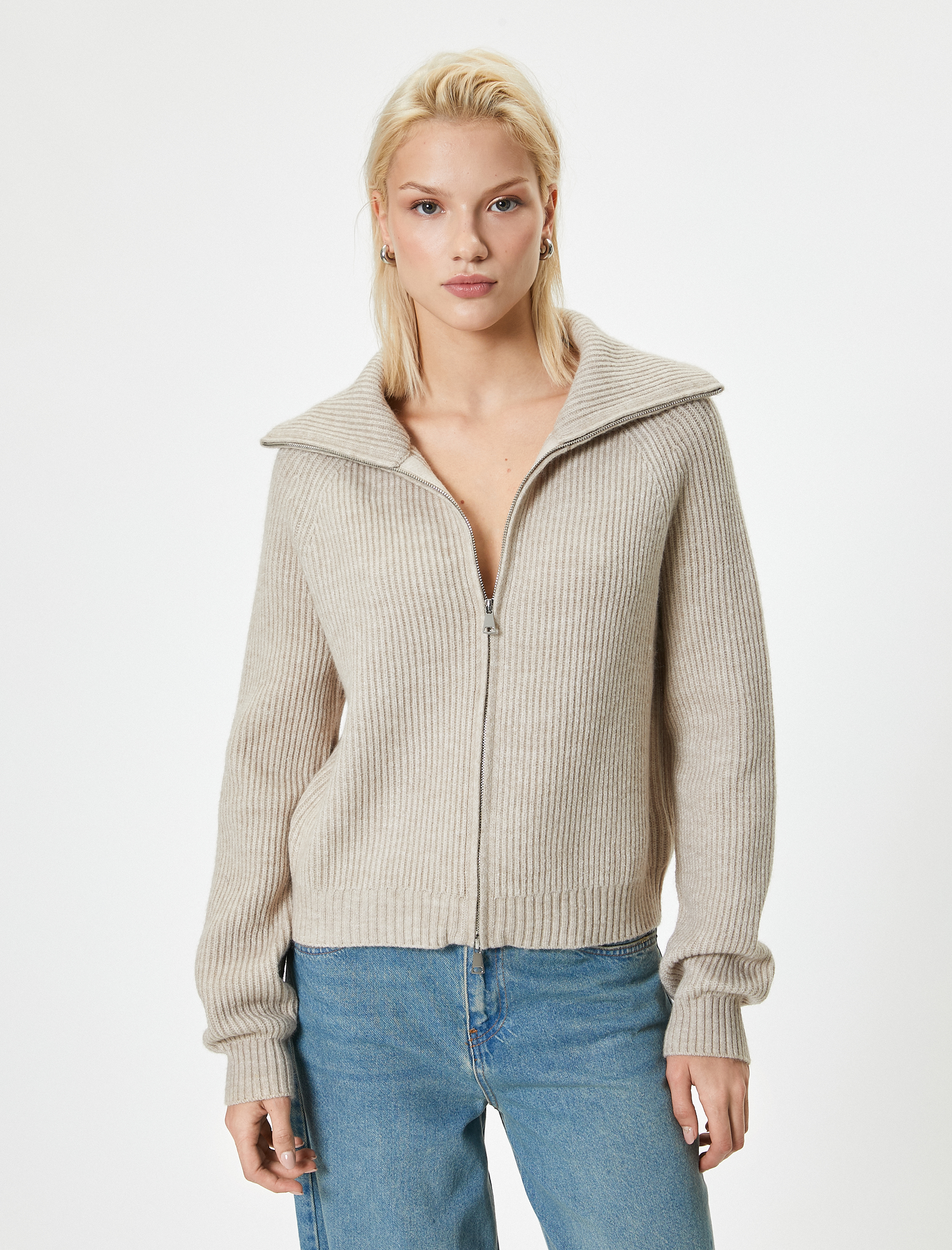 Triko Hırka Çift Taraflı Fermuarlı Dik Yaka Kaşkorse Fitilli