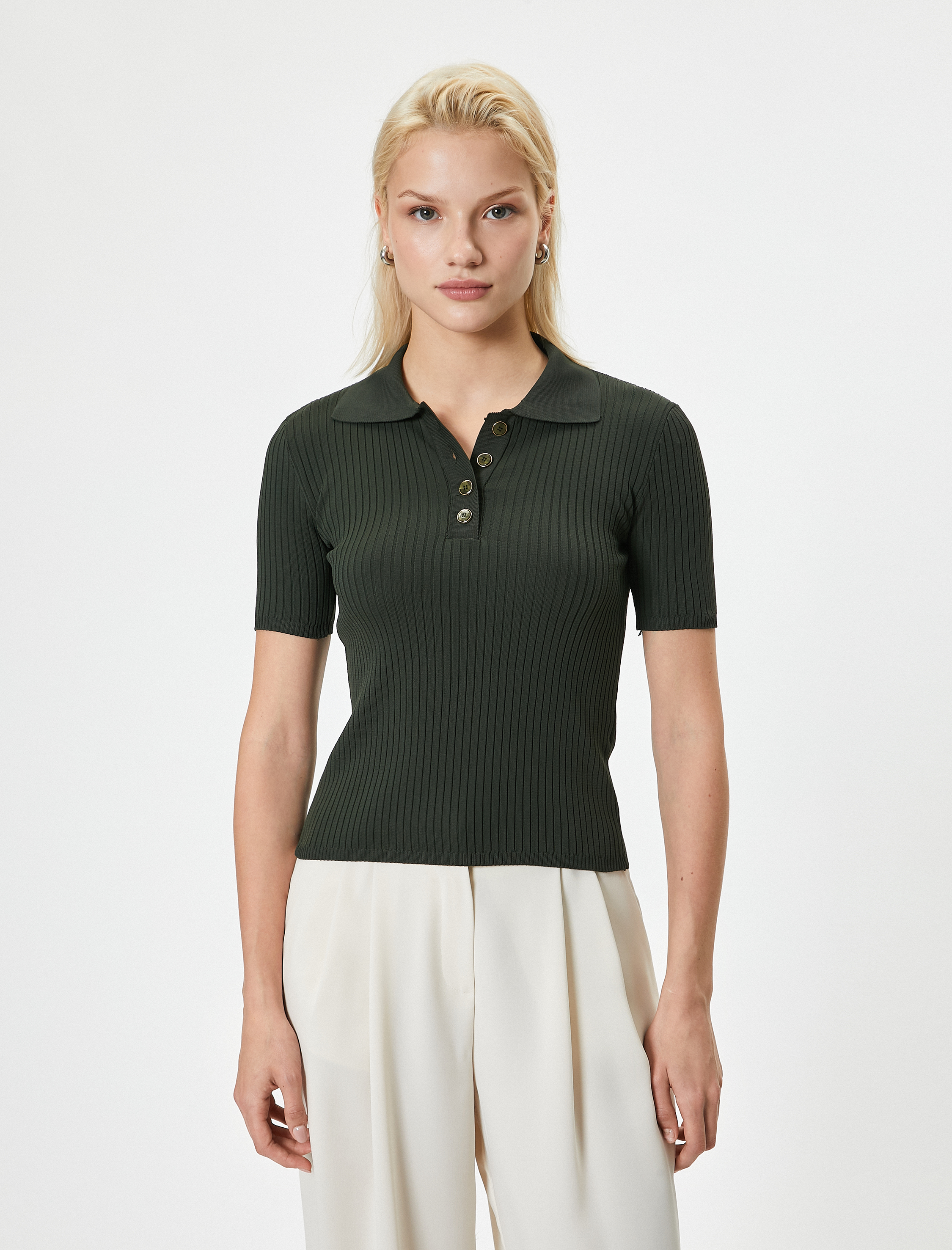   Polo Yaka Kazak Kısa Kollu Düğme Detaylı Kaşkorse Slim Fit