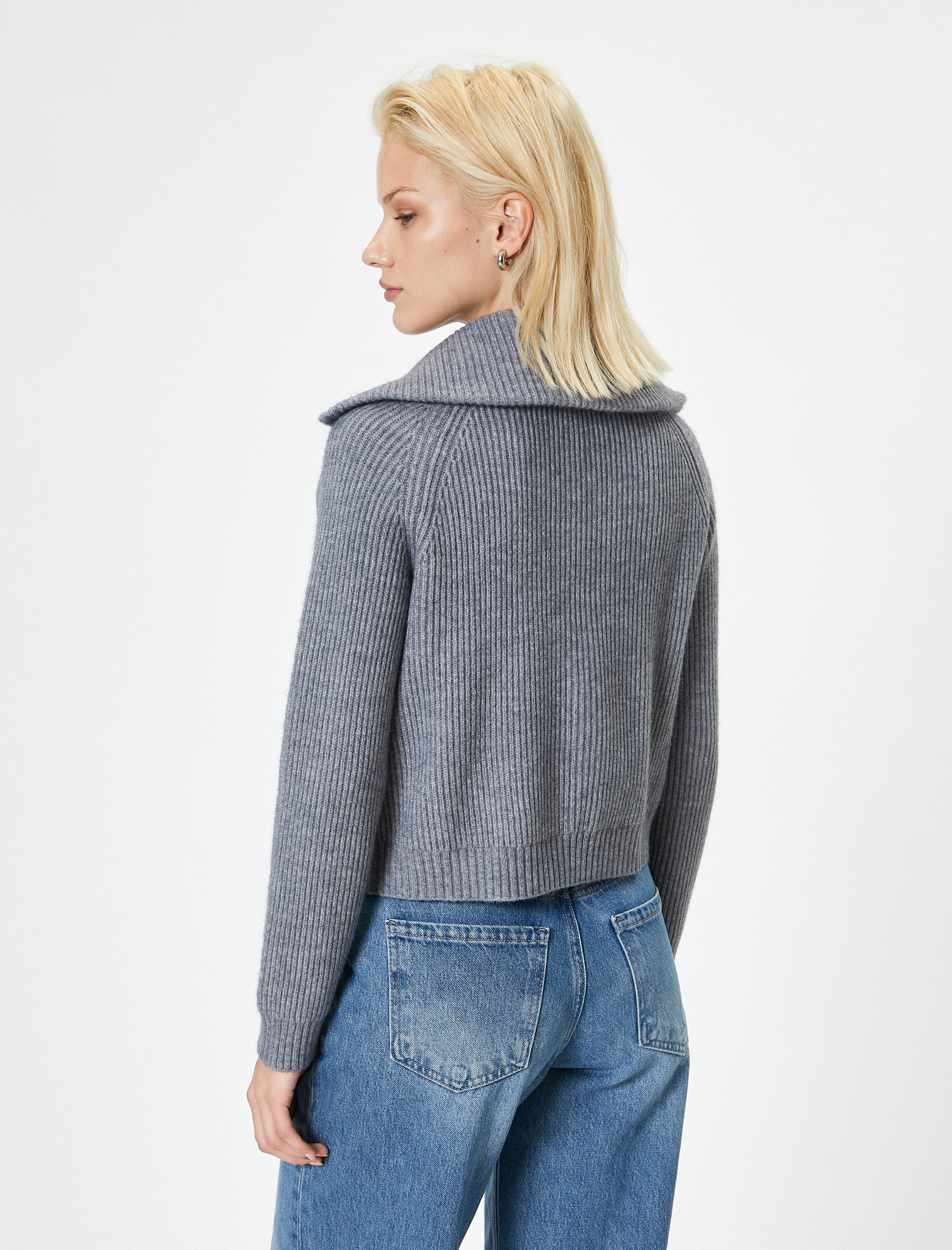 Triko Hırka Çift Taraflı Fermuarlı Dik Yaka Kaşkorse Fitilli