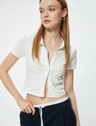 Crop Tişört Gömlek Yaka Düğmeli Kaşkorse Kısa Kollu Slim Fit