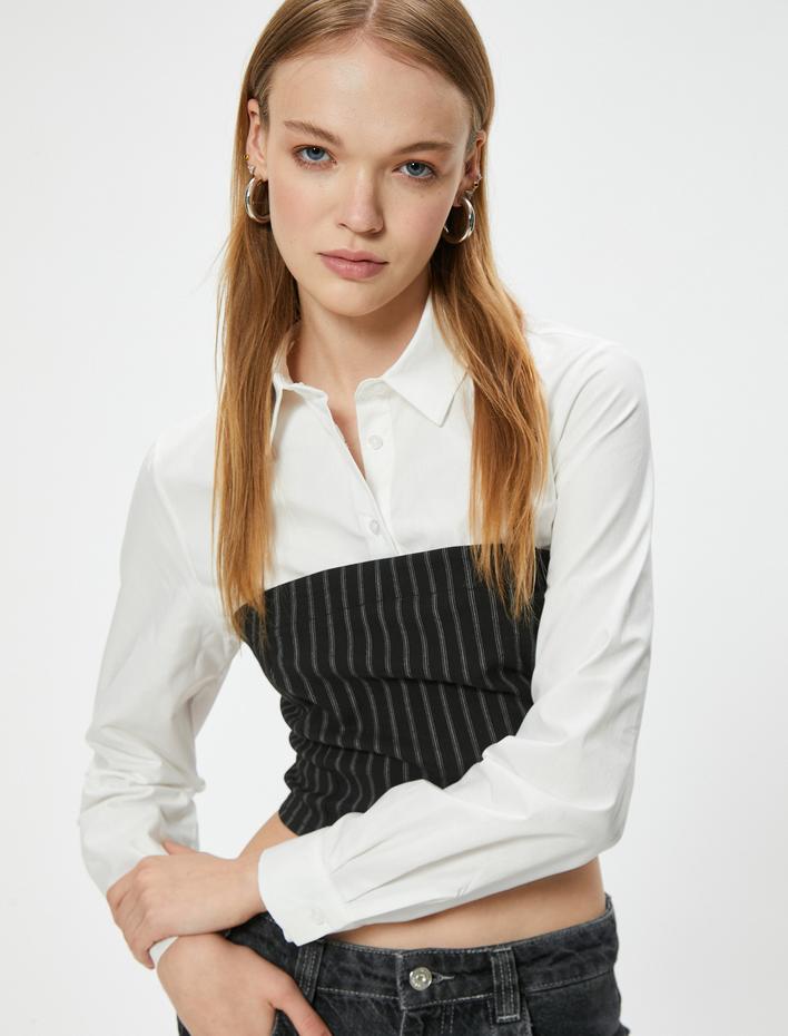  Uzun Kollu Crop Gömlek Straplez Kumaş Detaylı Düğmeli Slim Fit