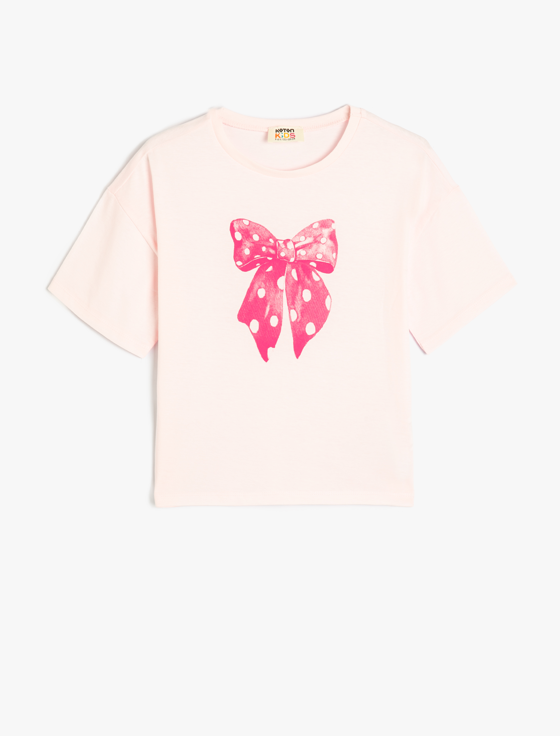  Kız Çocuk Tişört Fiyonk Baskılı Kısa Kollu Bisiklet Yaka Pamuklu