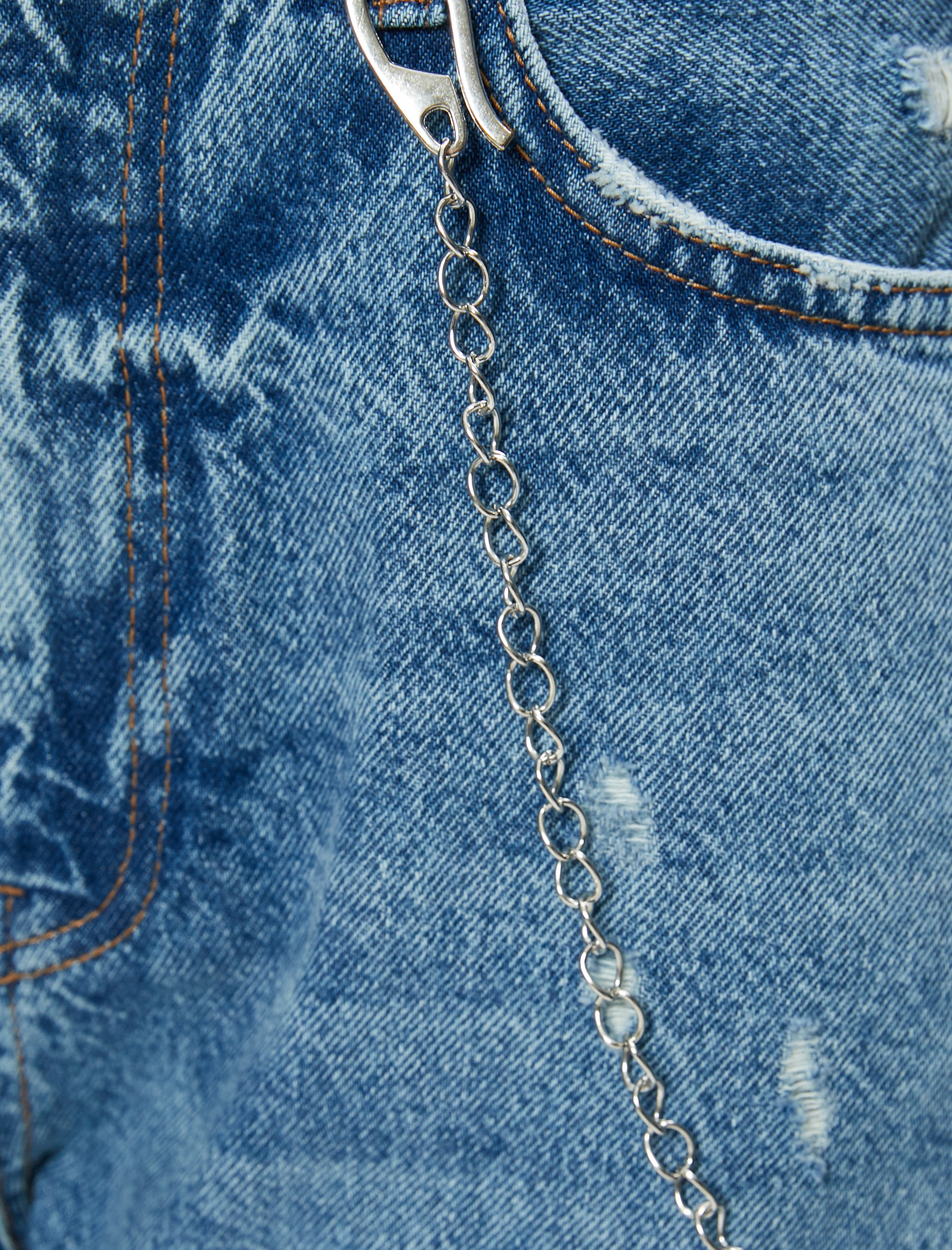   Yırtık Kot Pantolon Standart Bel Zincir Detaylı Cepli Pamuklu - Mom Jean