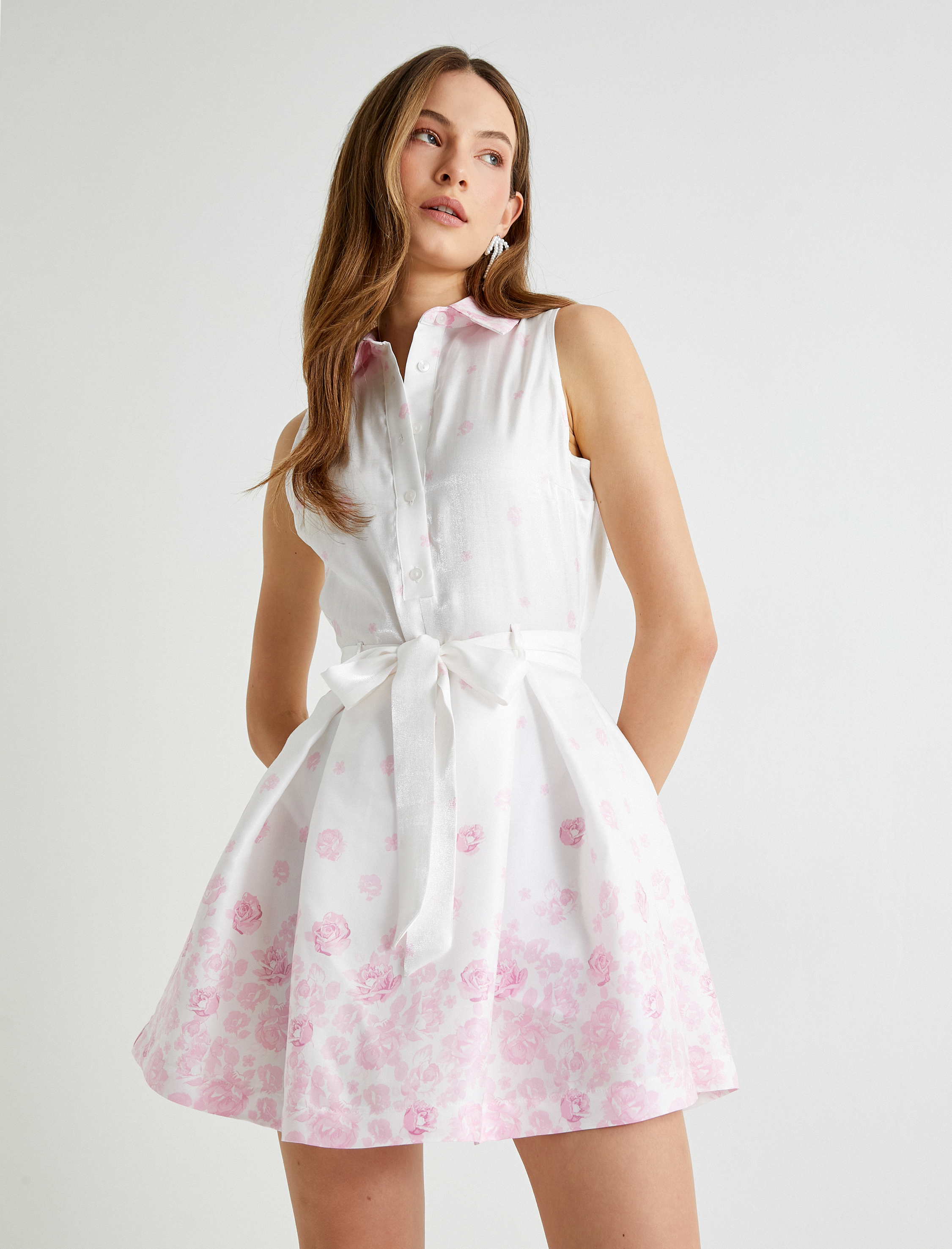   Viskon Çiçekli Gömlek Elbise Mini Boy Kolsuz Astarlı Fiyonklu