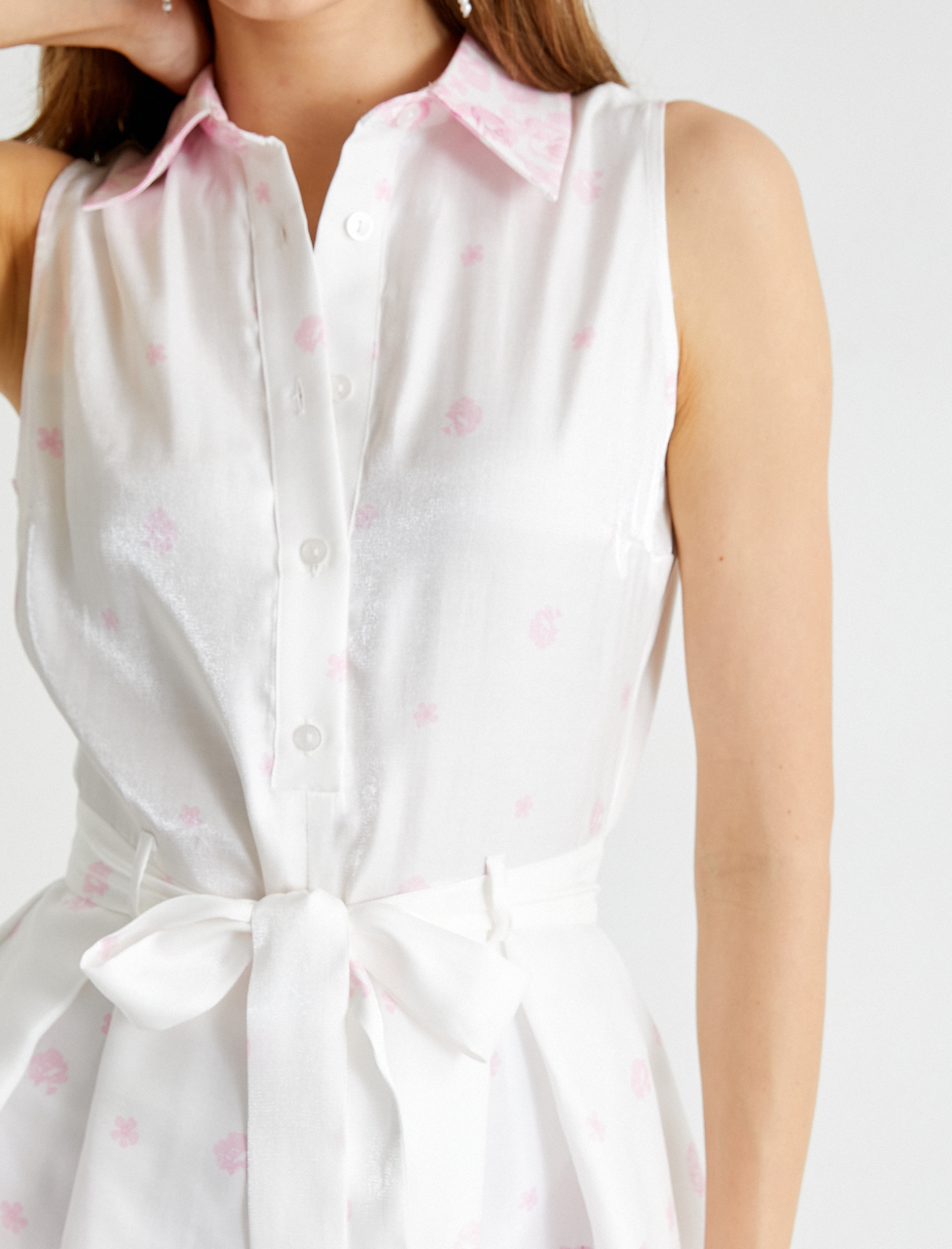   Viskon Çiçekli Gömlek Elbise Mini Boy Kolsuz Astarlı Fiyonklu