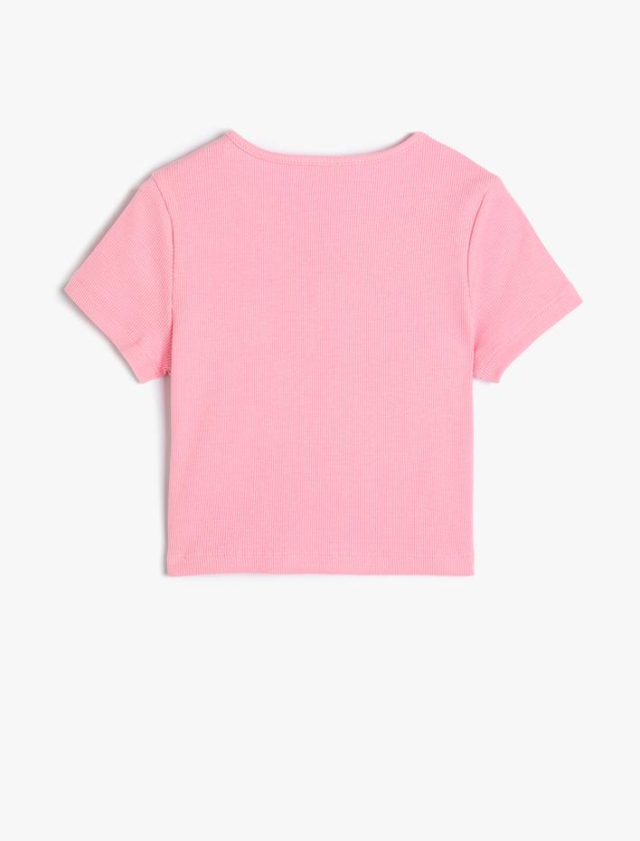 Kız Çocuk Crop Tişört Ayıcık Baskılı Kısa Kollu Bisiklet Yaka Pamuklu