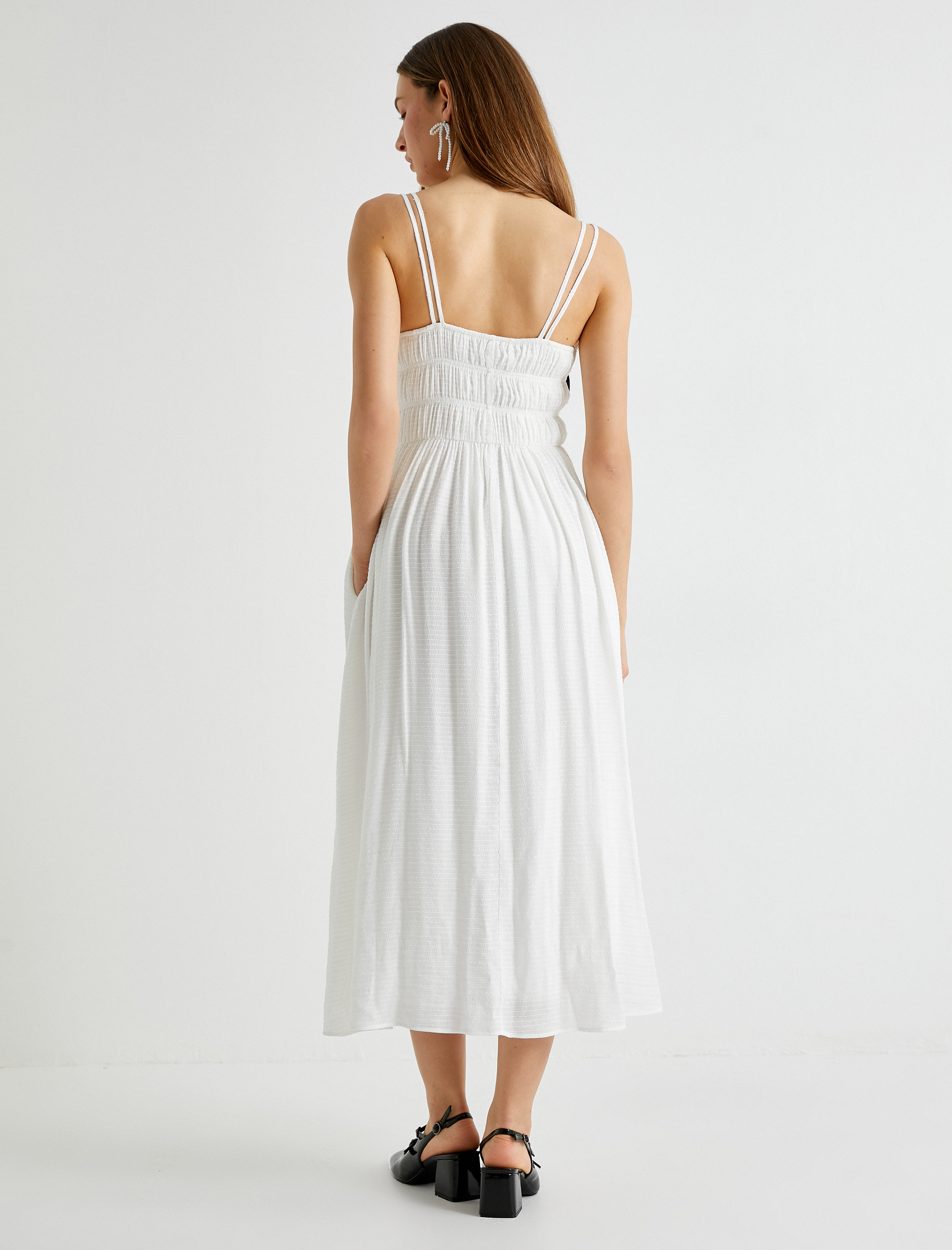   Midi İnce Askılı Elbise Astarlı Cepli Fiyonk Detaylı