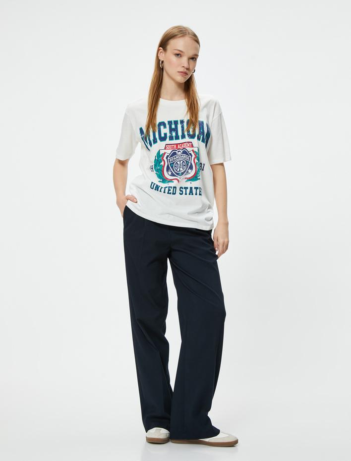  Oversize Kolej Baskılı Tişört Bisiklet Yaka Kısa Kollu Pamuklu