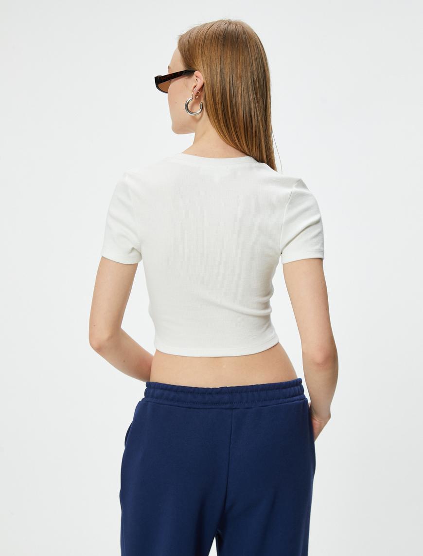   Crop Tişört Kolej Baskılı Kaşkorse Slim Fit