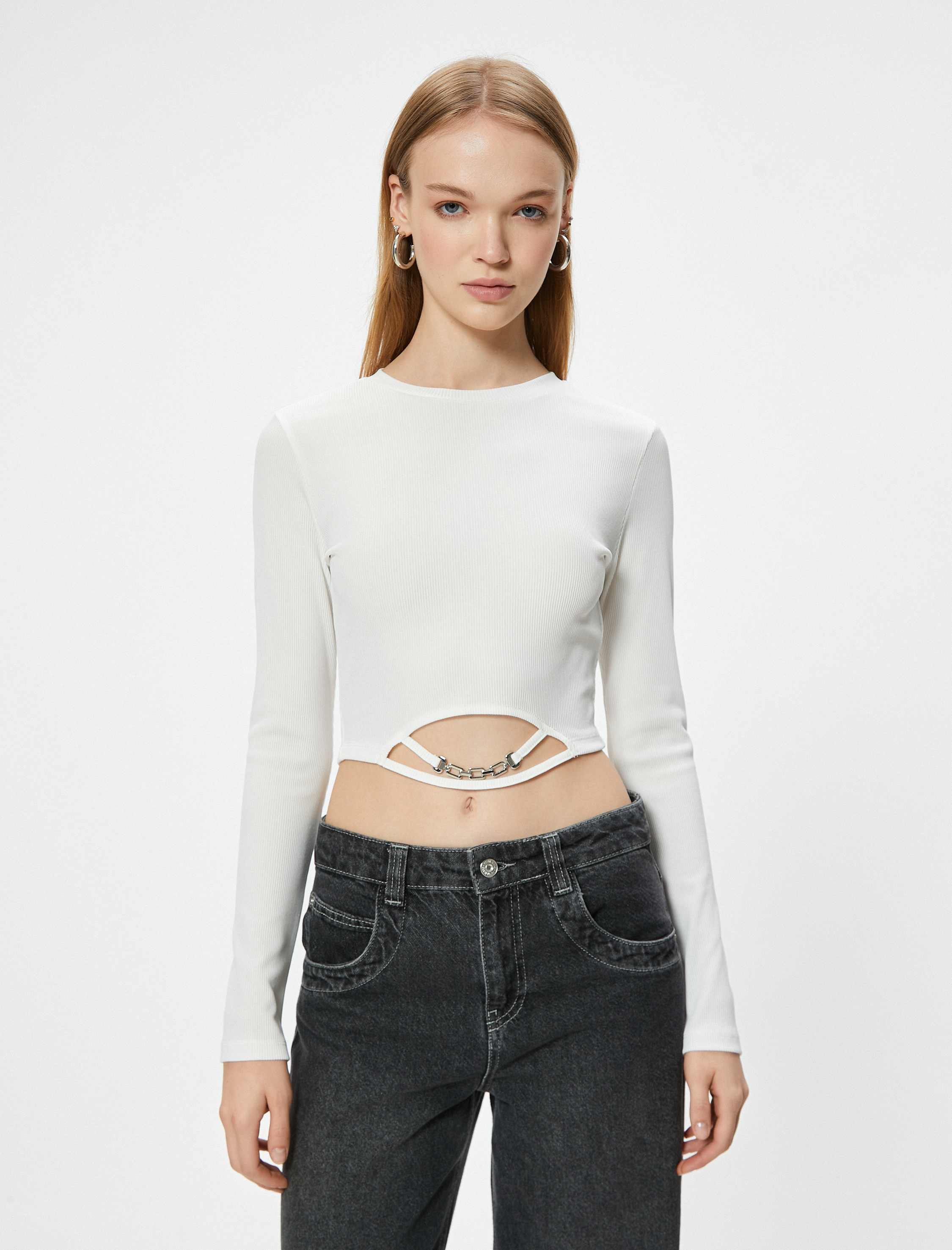   Uzun Kollu Tişört Crop Zincir Detaylı Bisiklet Yaka