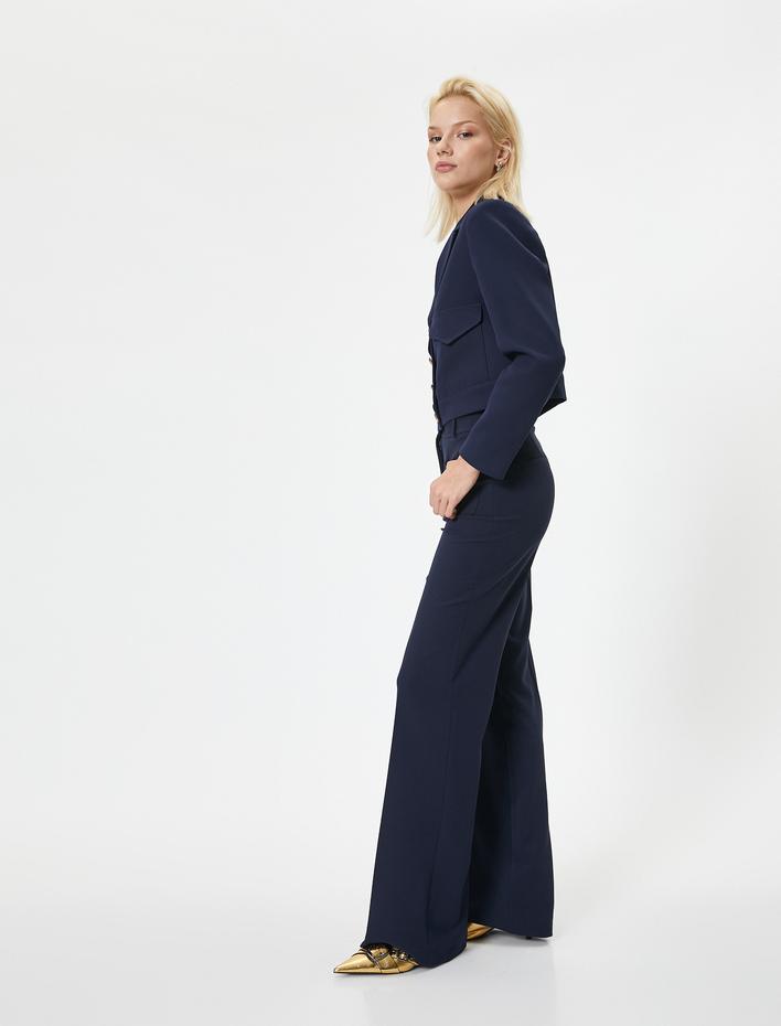  İspanyol Paça Kumaş Pantolon Yüksek Bel Aplike Çift Cep Detaylı