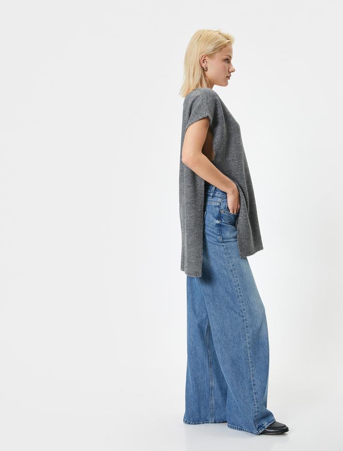  Yanları Bağlamalı Kolsuz V Yaka Uzun Triko Süveter