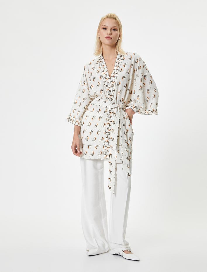  Çiçekli Kimono Keten Karışımlı Kalça Boy Kemerli Boncuk İşleme Detaylı