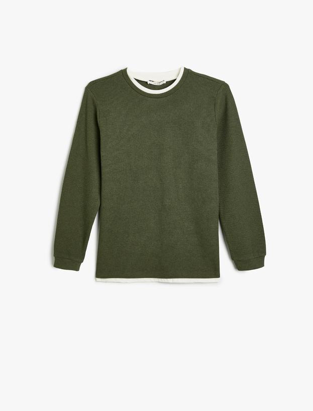 Basic Sweatshirt Bisiklet Yaka Uzun Kollu Dokulu_0