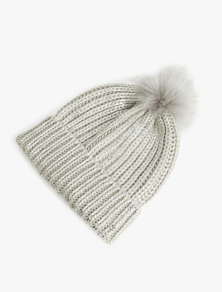Kadın Örgü Bere Metalik Katlı Ponpon Detaylı