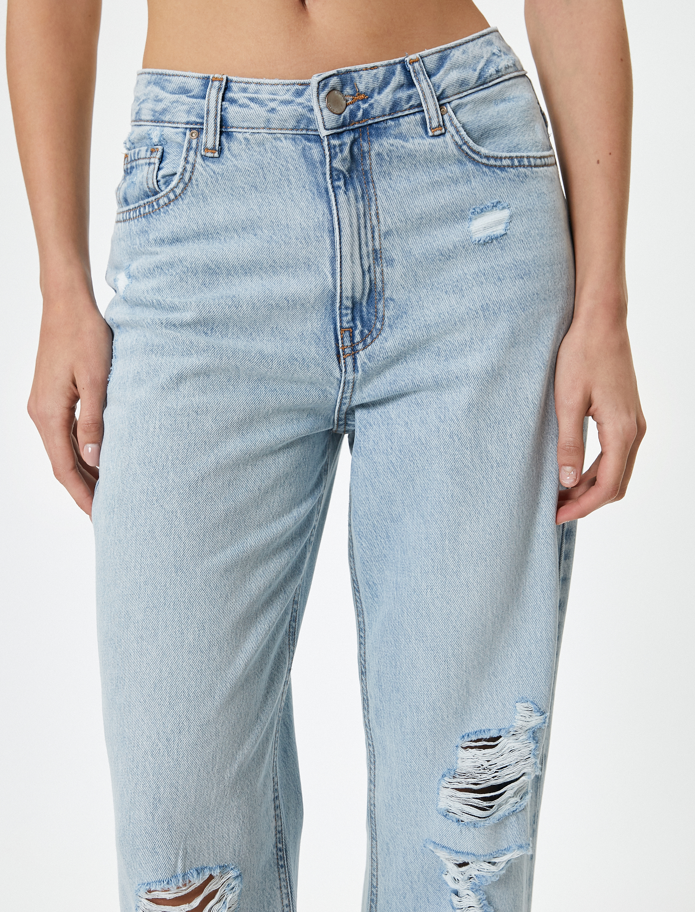   Yüksek Bel Yırtık Kot Pantolon Düz Paça - Nora Jean