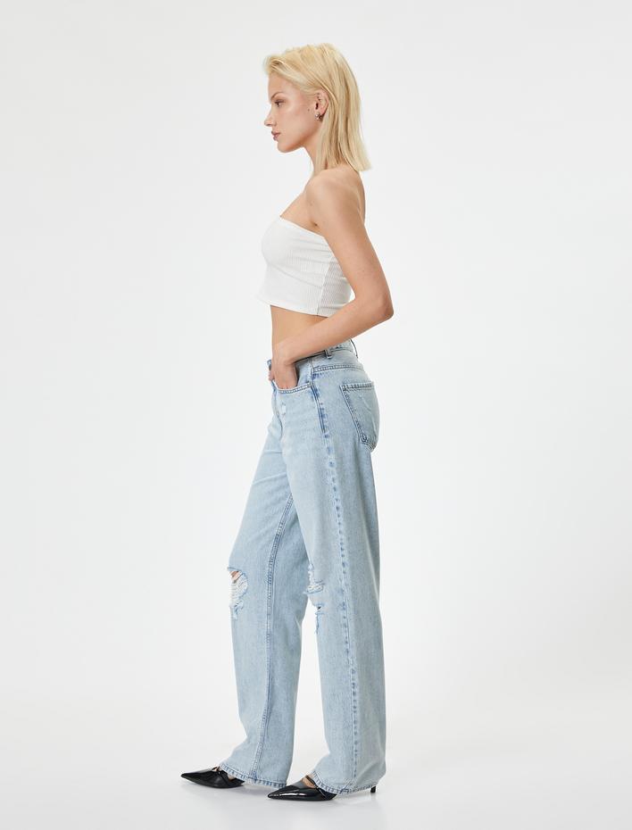 Yüksek Bel Yırtık Kot Pantolon Düz Paça - Nora Jean