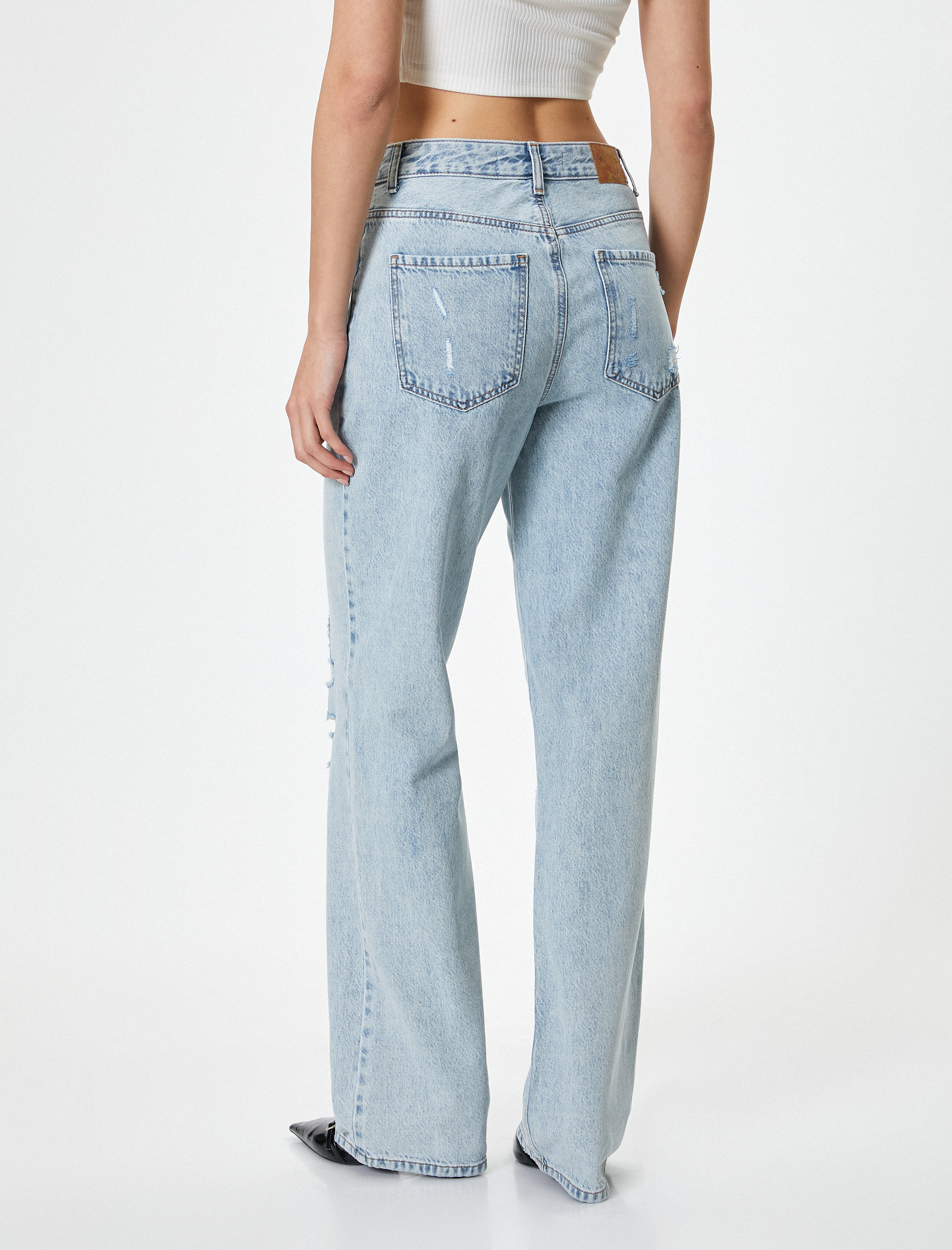   Yüksek Bel Yırtık Kot Pantolon Düz Paça - Nora Jean