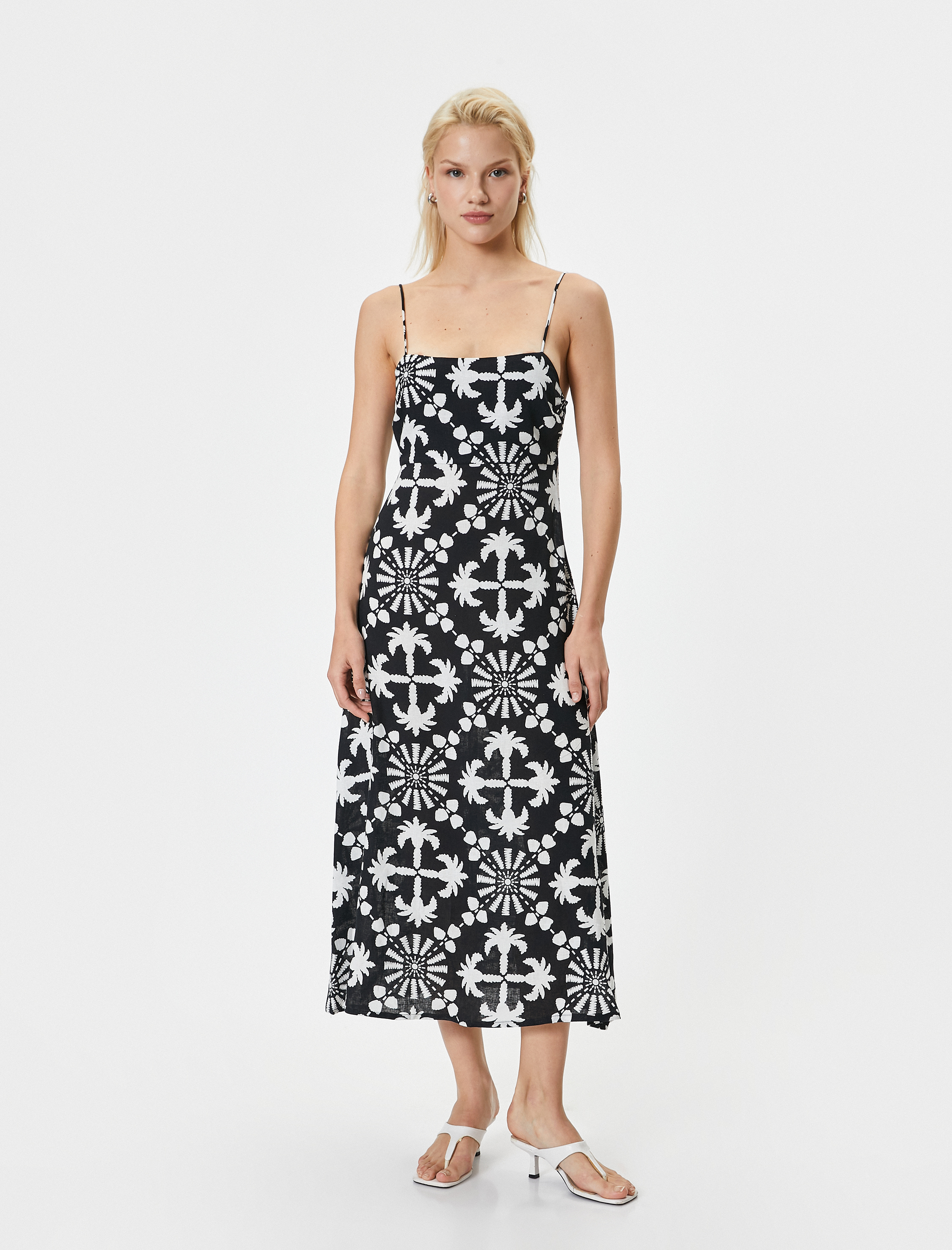   İnce Askılı Midi Çiçekli Elbise Keten Karışımlı Yırtmaç Detaylı Arkası Bağlamalı