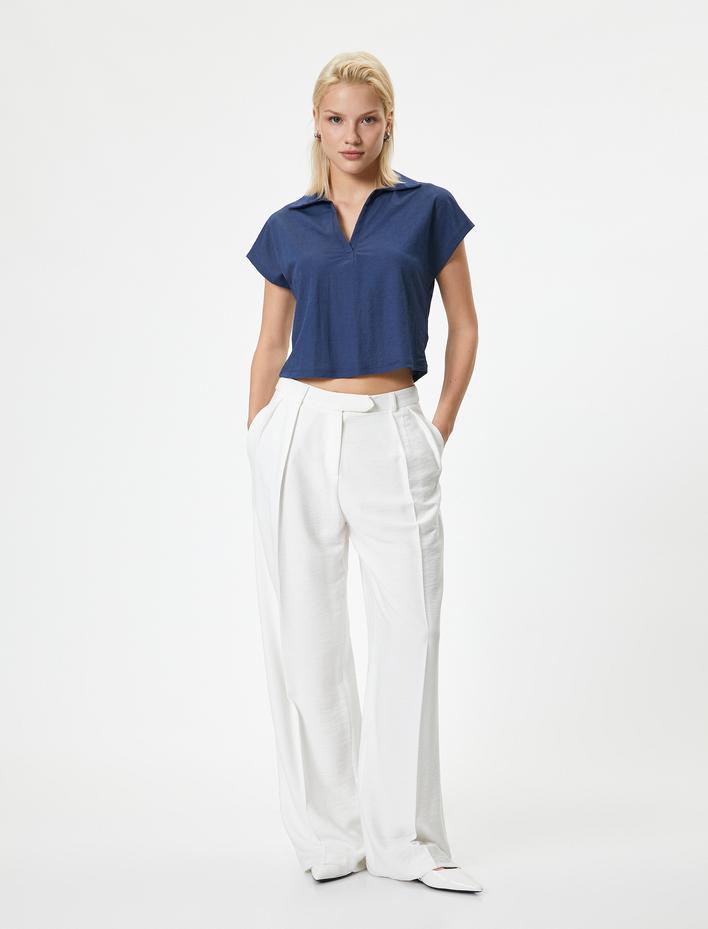  Basic Gömlek Yaka Tişört Crop Kısa Kollu