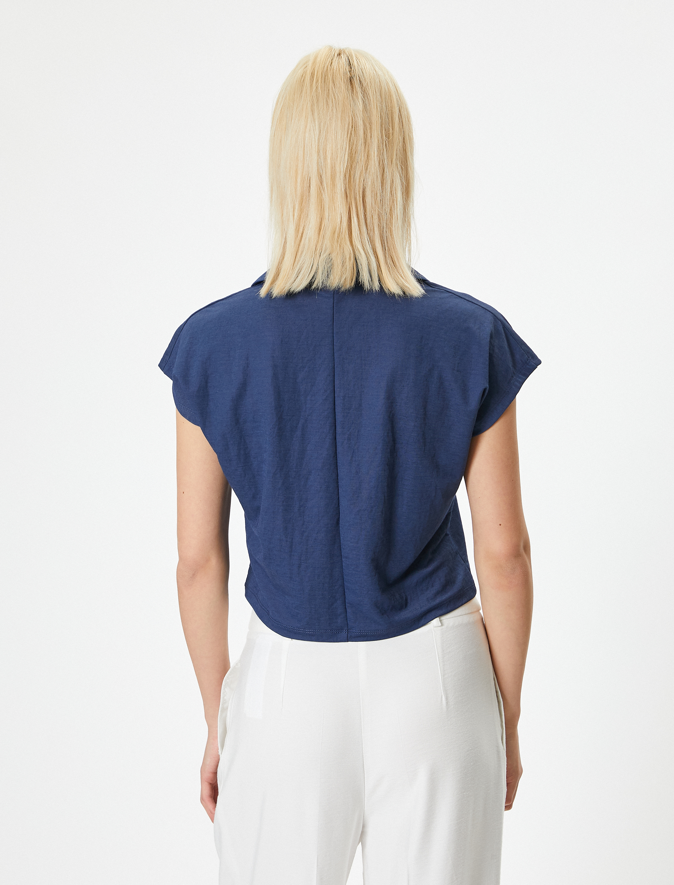   Basic Gömlek Yaka Tişört Crop Kısa Kollu