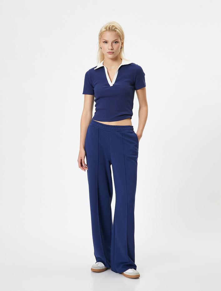  Polo Yaka Tişört Crop Kısa Kollu Renk Kontrastlı Ribanalı Pamuklu