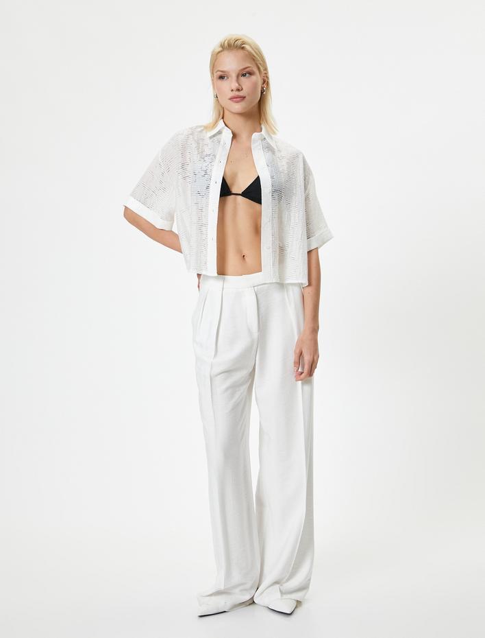  Yarı Transparan Crop Gömlek Kısa Kollu Saten Şerit Detaylı Viskoz Kumaş