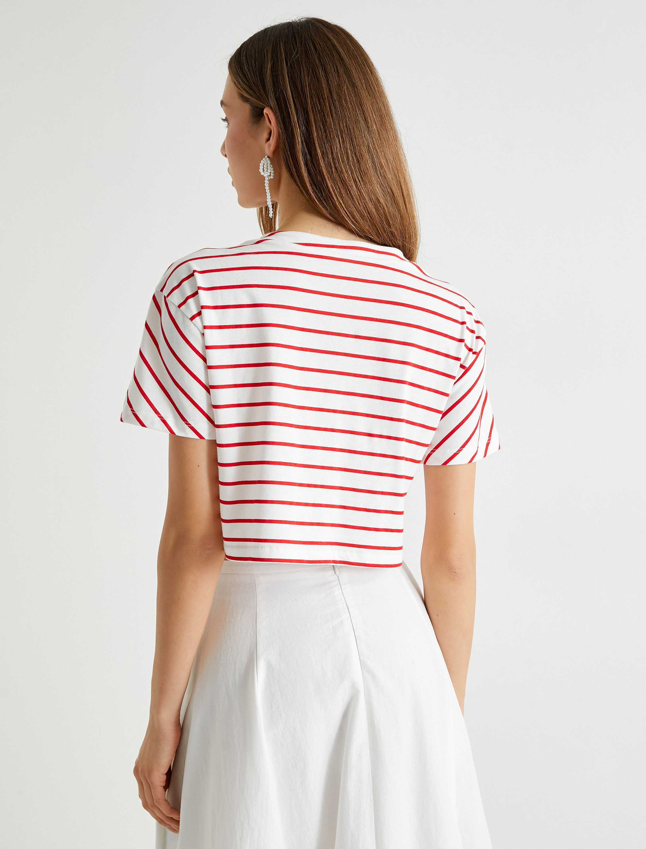   Kiraz Baskı Detaylı Crop Tişört Kısa Kollu Bisiklet Yaka Pamuklu