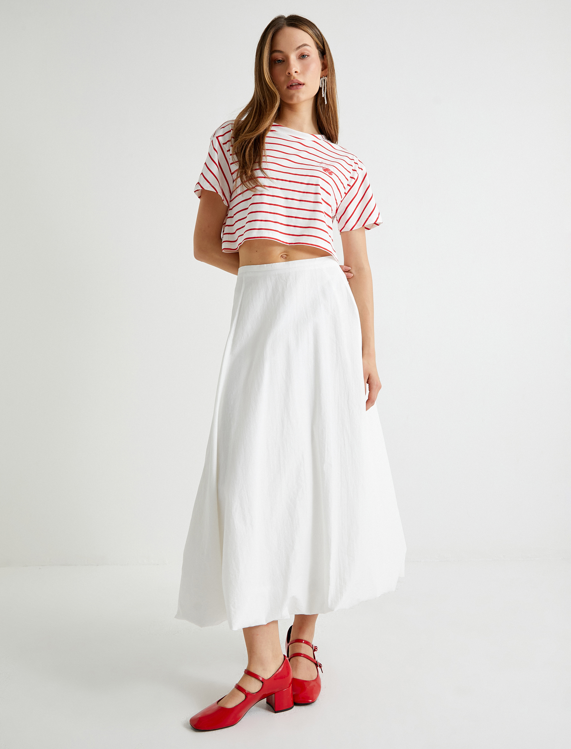   Kiraz Baskı Detaylı Crop Tişört Kısa Kollu Bisiklet Yaka Pamuklu