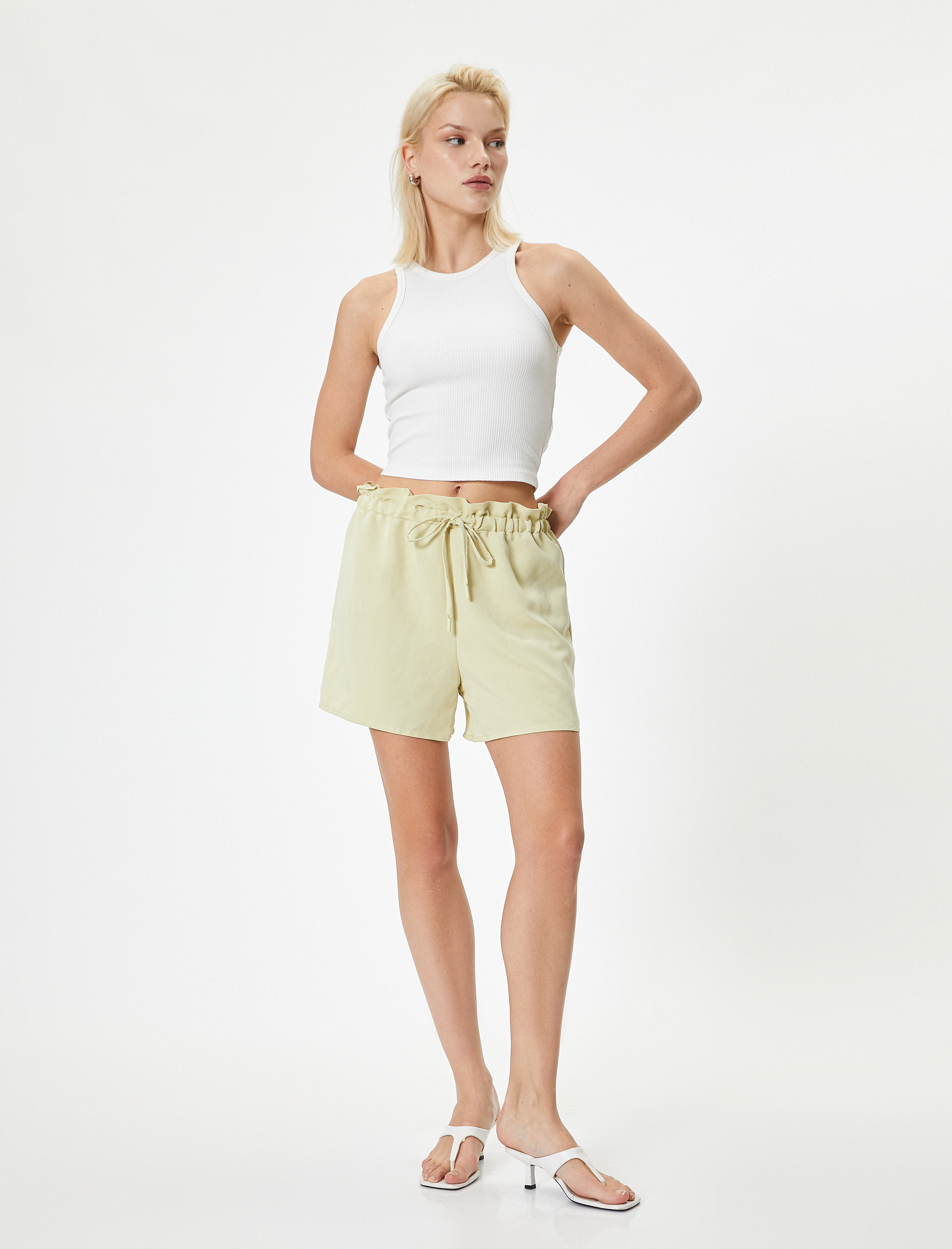   Beli Bağcıklı Mini Şort Rahat Kalıp Cepli