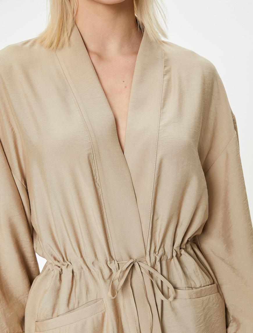   Modal Kumaş Kimono Cepli Beli Bağlamalı