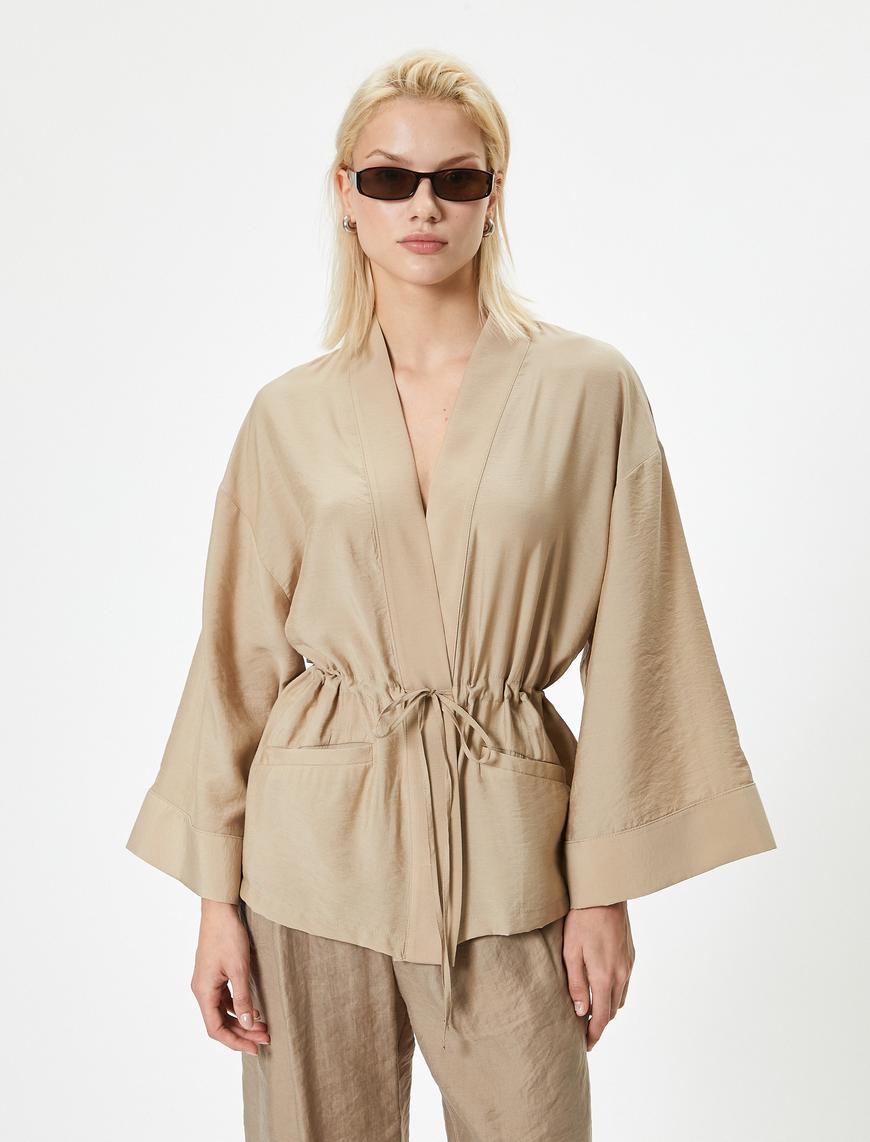   Modal Kumaş Kimono Cepli Beli Bağlamalı