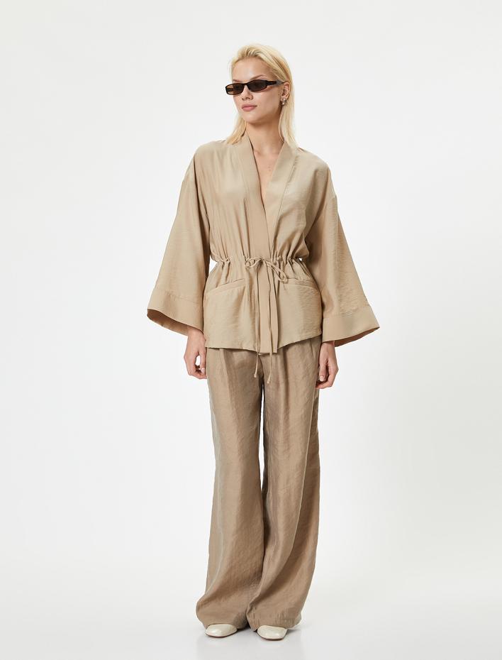  Modal Kumaş Kimono Cepli Beli Bağlamalı
