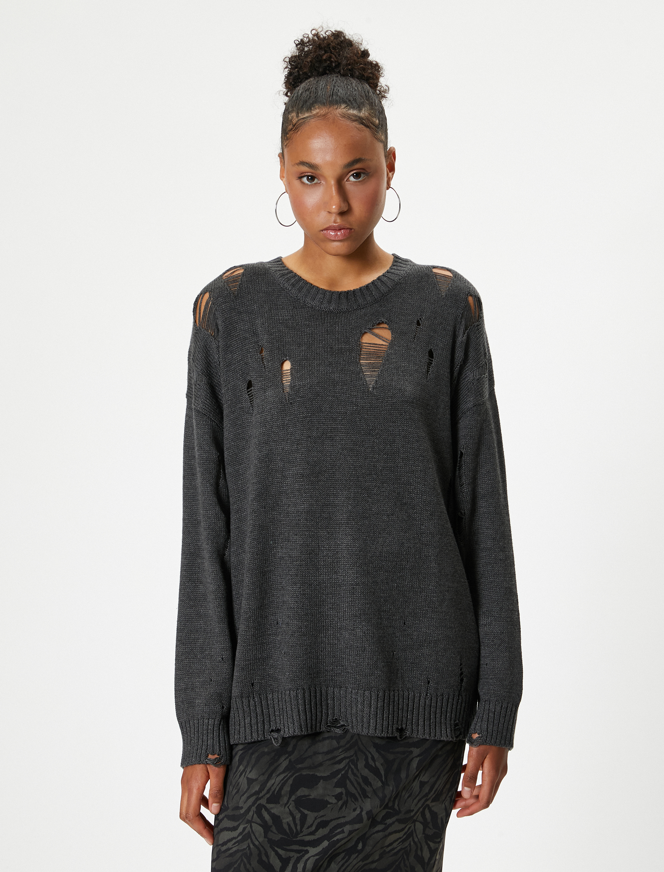   Yıpratılmış Kazak Bisiklet Yaka Uzun Kollu