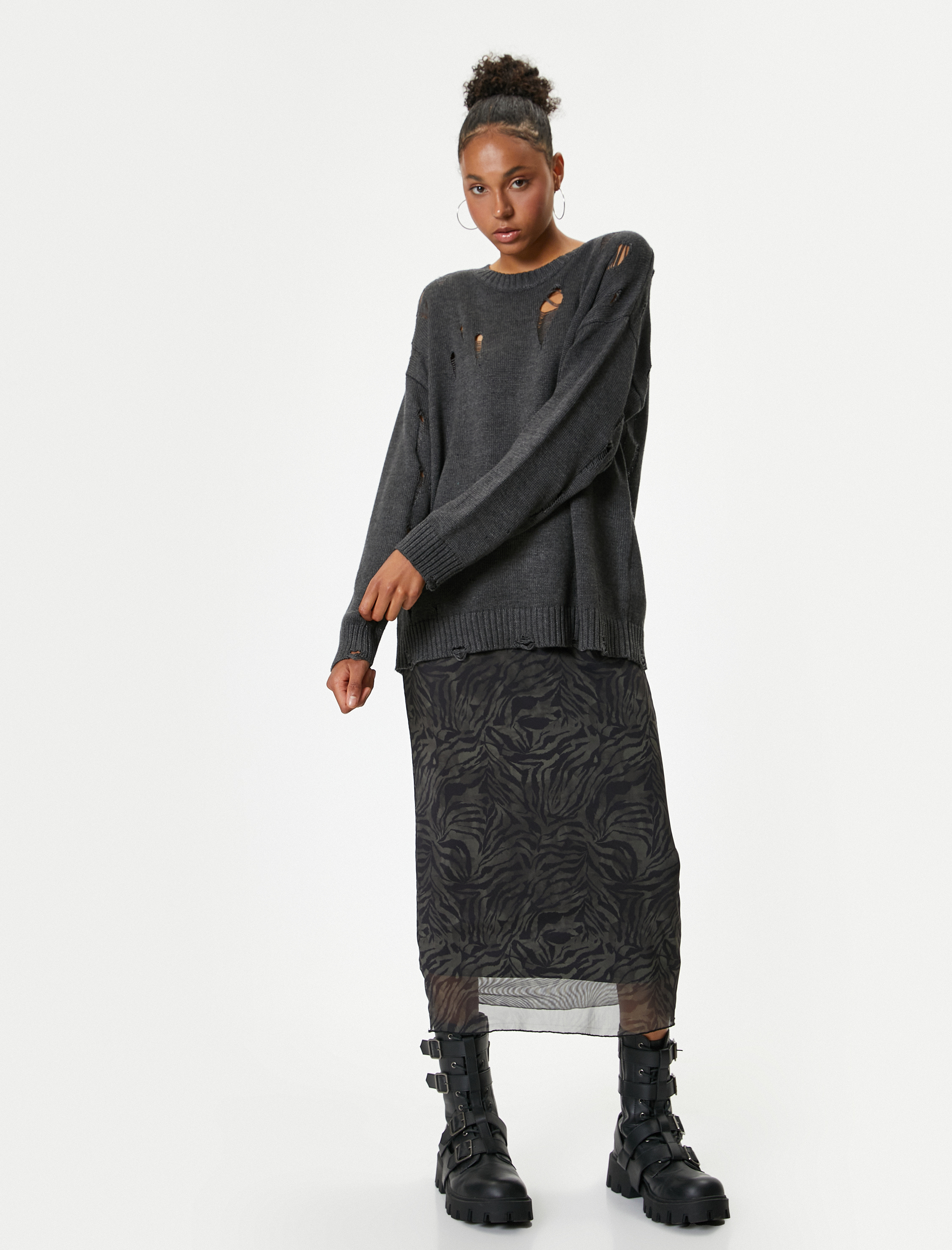   Yıpratılmış Kazak Bisiklet Yaka Uzun Kollu