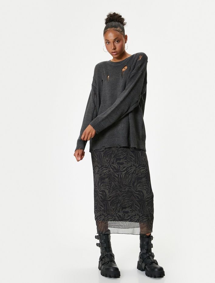  Yıpratılmış Kazak Bisiklet Yaka Uzun Kollu